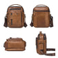 Brown leather vintage crossbody bag shown from front, back, side, and bottom angles