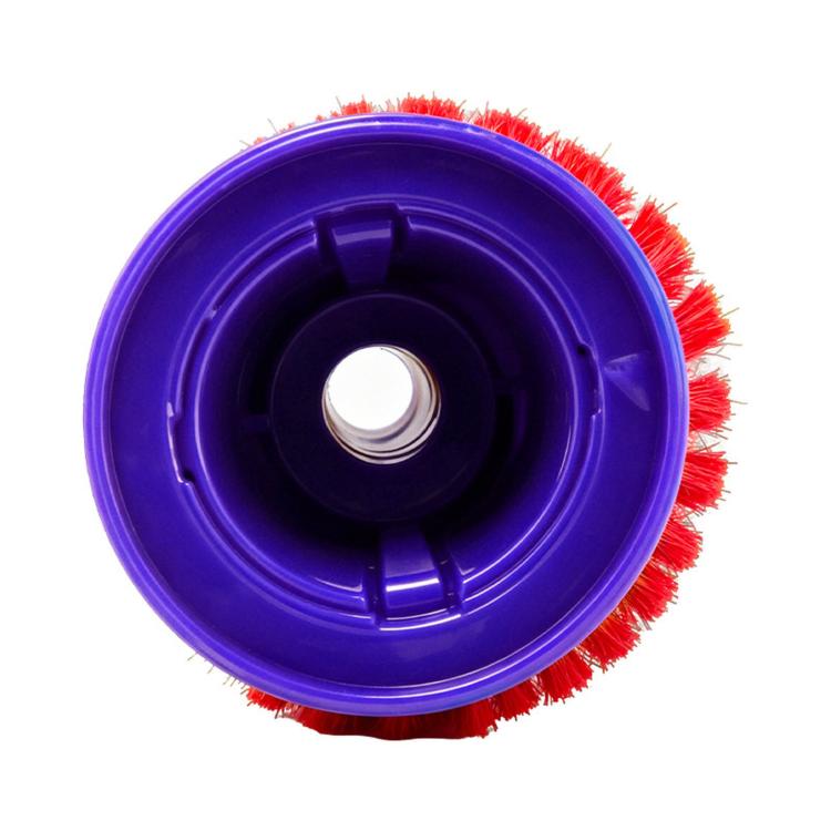 Top view of blue conical brush roller with red bristle ring and center piece