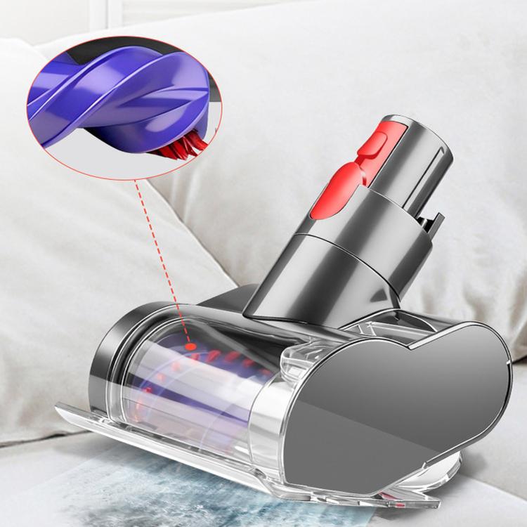 Conical brush roller replacement in blue with red bristles, shown in vacuum