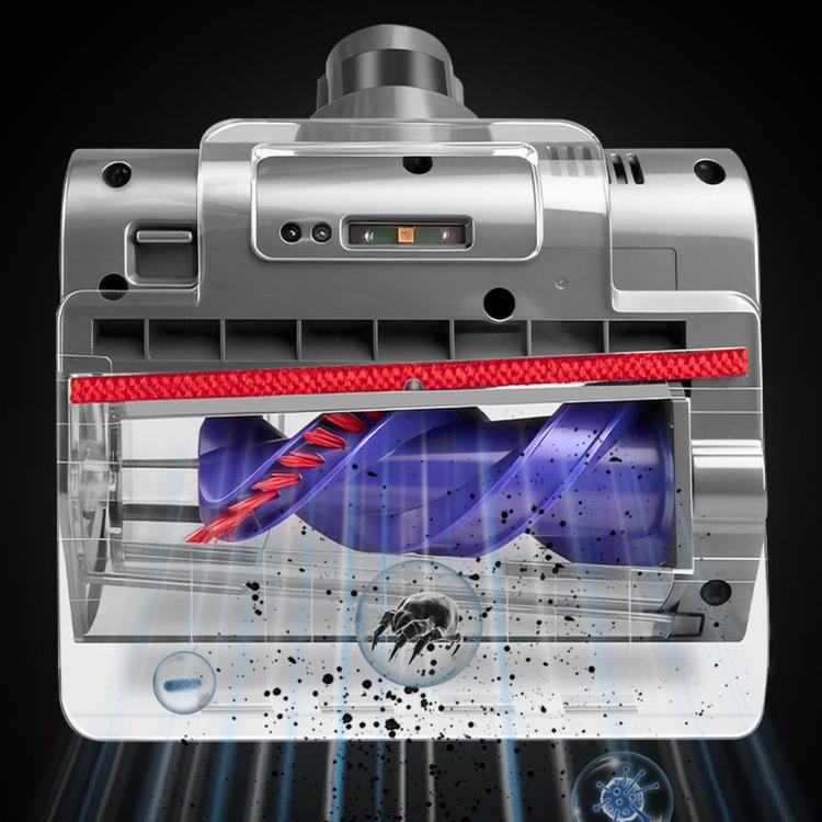 Conical brush roller inside clear housing with red bristle edge