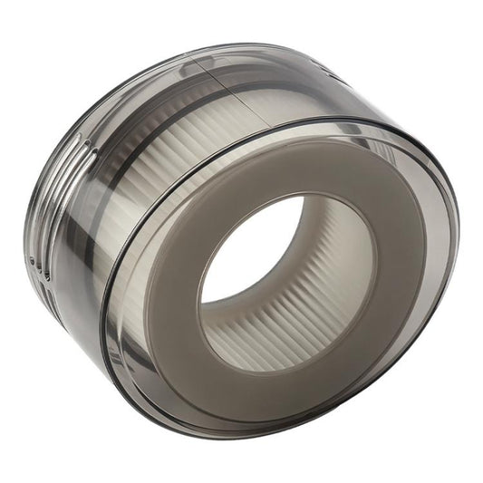 Grey vacuum post-filter HEPA element with transparent outer ring and pleated core