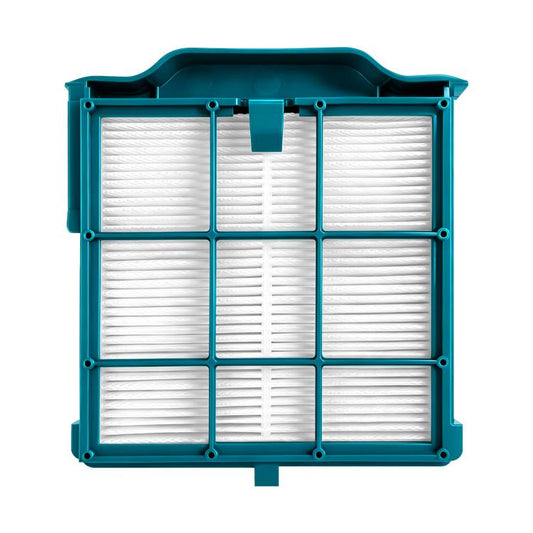 Flat square HEPA filter with teal frame and white pleated filter media