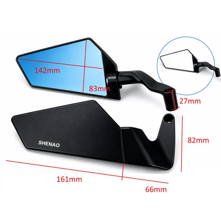 Blue-tinted flip-up motorcycle rearview mirror with mounting bracket dimensions