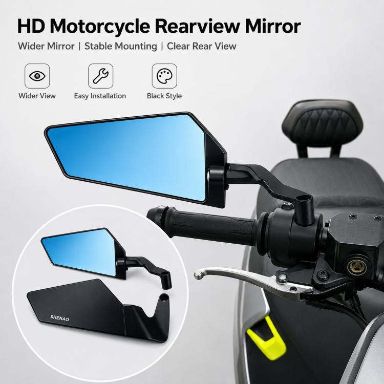 Blue-tinted motorcycle rearview mirror with stable clamp mount on handlebar