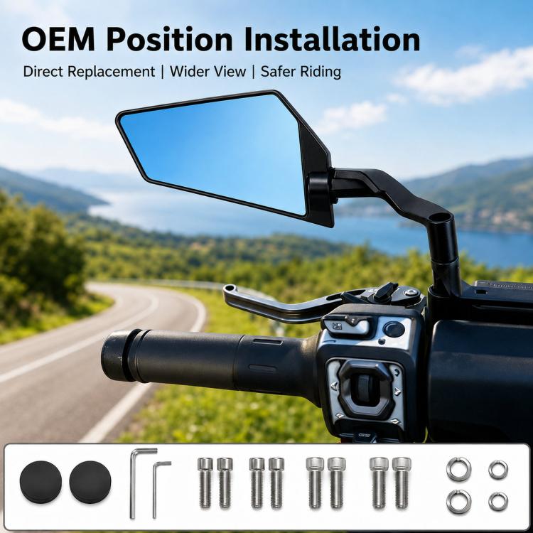 Blue-tinted flip-up motorcycle rearview mirror with mounting hardware and black mount