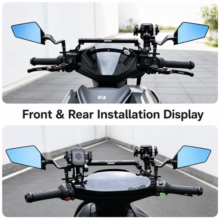 Blue-tinted front and rear motorcycle rearview mirrors with black handlebar mounts