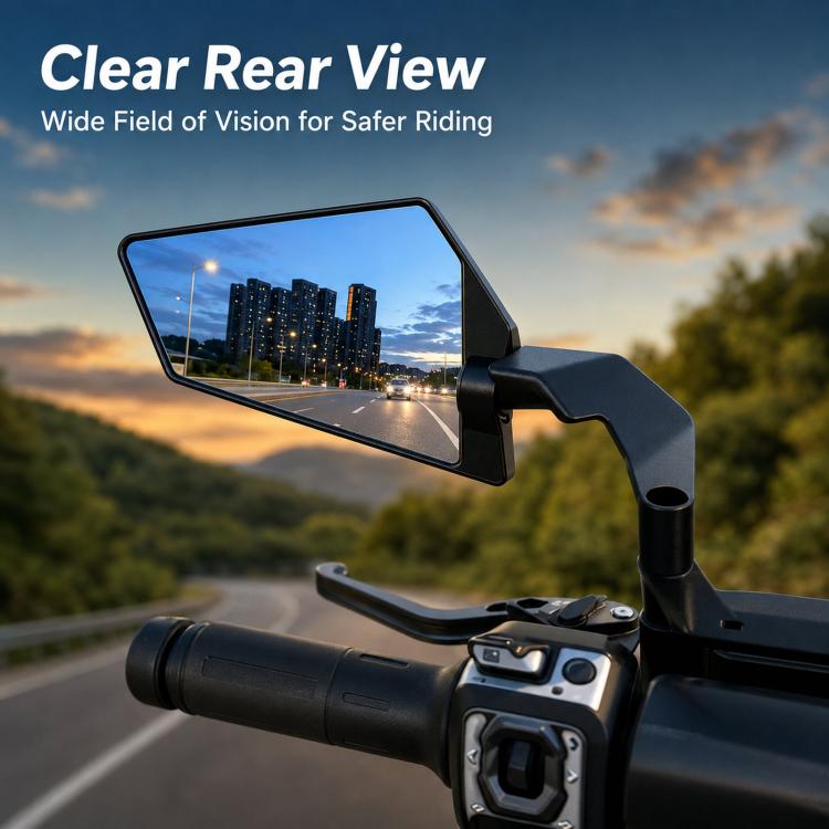 Blue-tinted motorcycle rearview mirror with wide rear view on handlebar