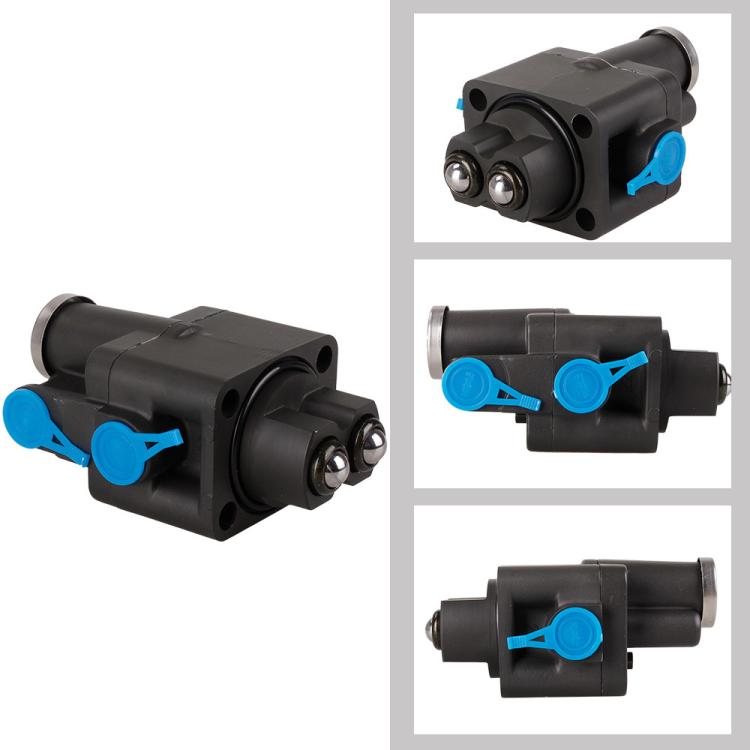 Black transmission control valve with blue lever, metal inlet and side mounting holes