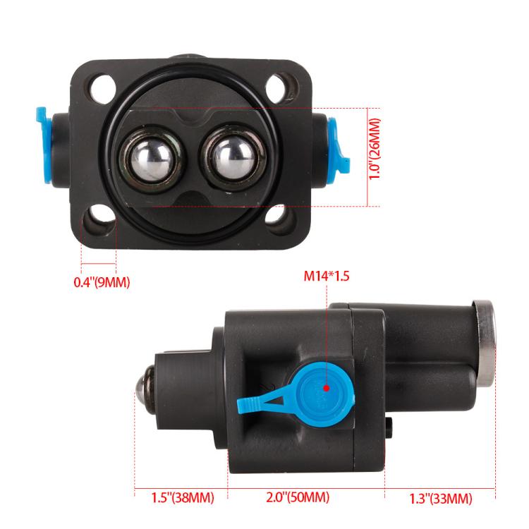 Transmission splitter control valve with M14x1.5 thread and blue lever on black body