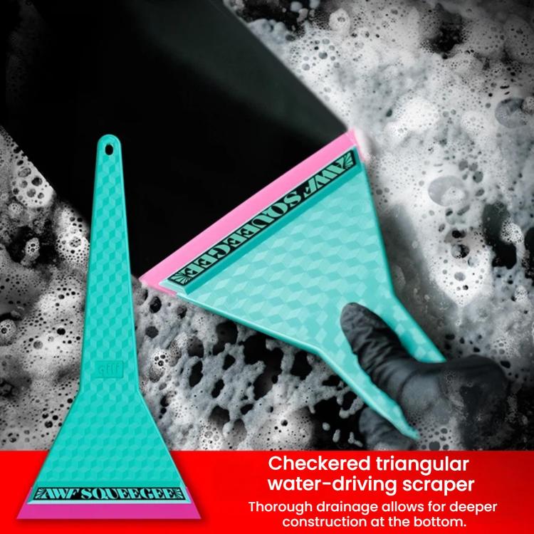 Teal triangular glass scraper in use on soapy glass with gloved hand