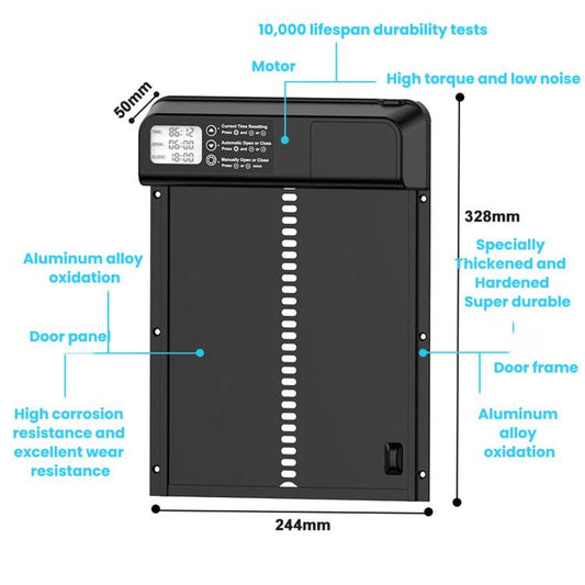 Automatic chicken coop door opener, black frame panel with vertical indicator lights