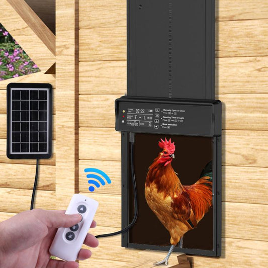 Solar-powered chicken coop door with remote controller and solar panel charger