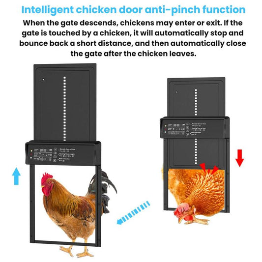 Chicken coop door anti-pinch gate with controller unit and open/close arrows