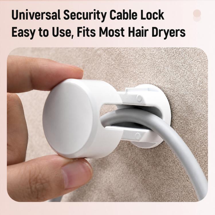 White cable lock holder installed on wall, with cord inserted through the side opening