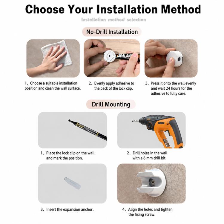 White adhesive no-drill installation of cable lock holder, pressed onto the wall