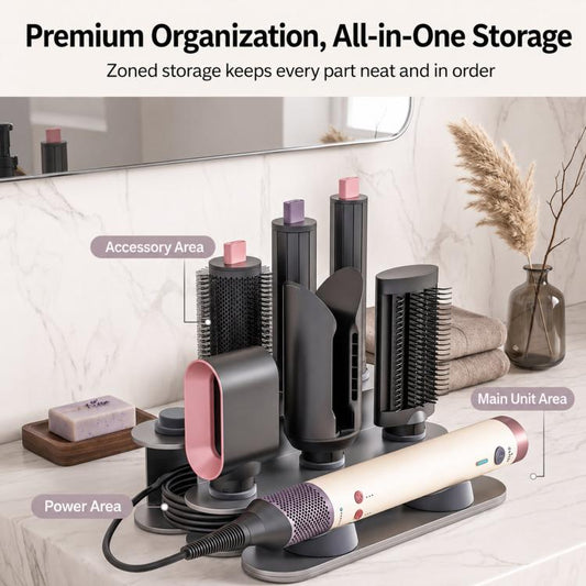All-in-one countertop attachment storage stand with multiple posts for hair tool pieces