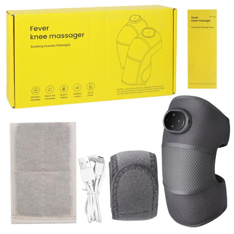 Gray heated knee massager with control dial, textured wrap, and charging cable