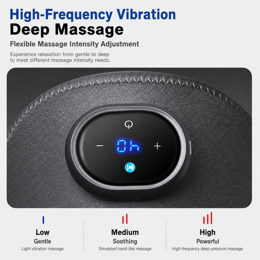 Gray fabric knee massager with built-in oval controller showing digital level