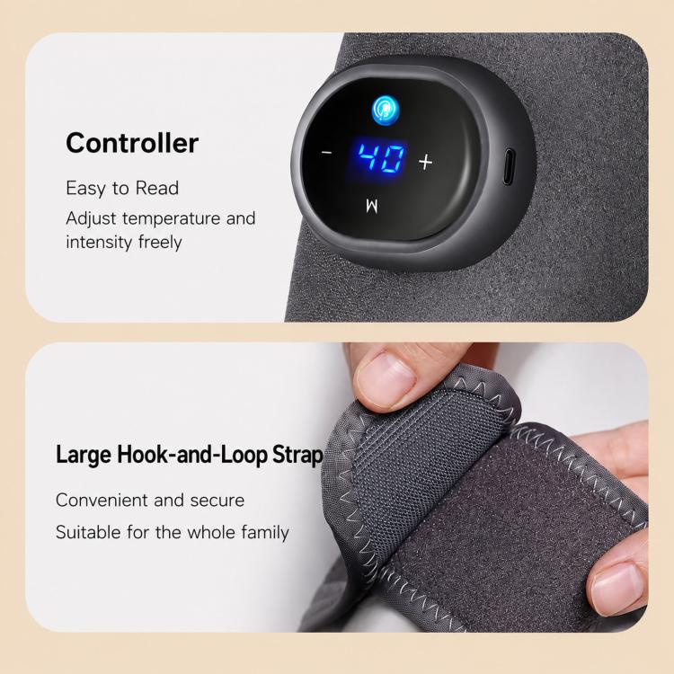 Gray heated knee massager controller with large hook-and-loop strap, shown close-up