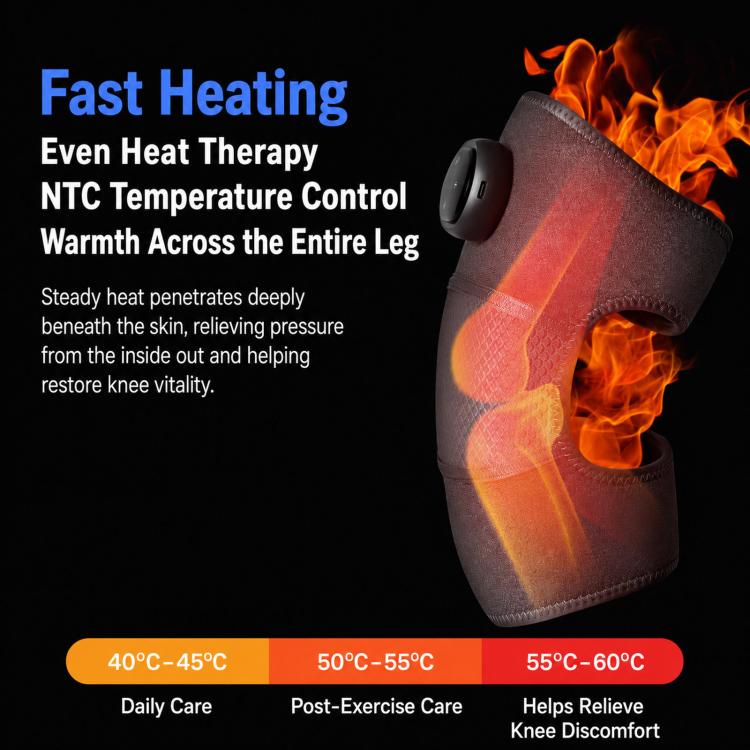Gray cordless heated knee massager wrap with controller and visible heat zones