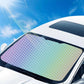 Car windshield sunshade folded over windshield, rainbow lattice pattern panel