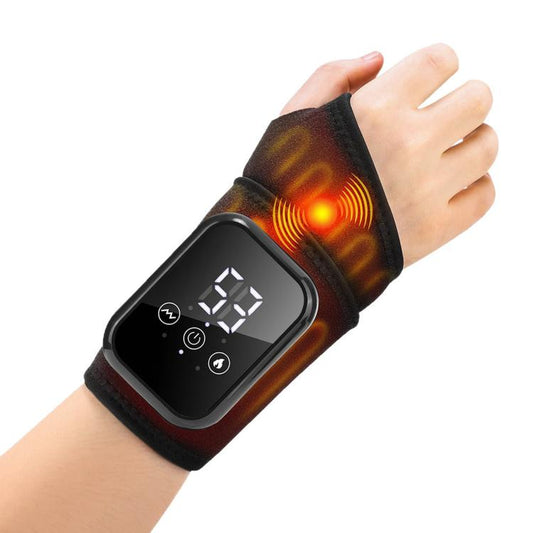 Black heated wrist massager with control screen, glowing heat panel and vibration