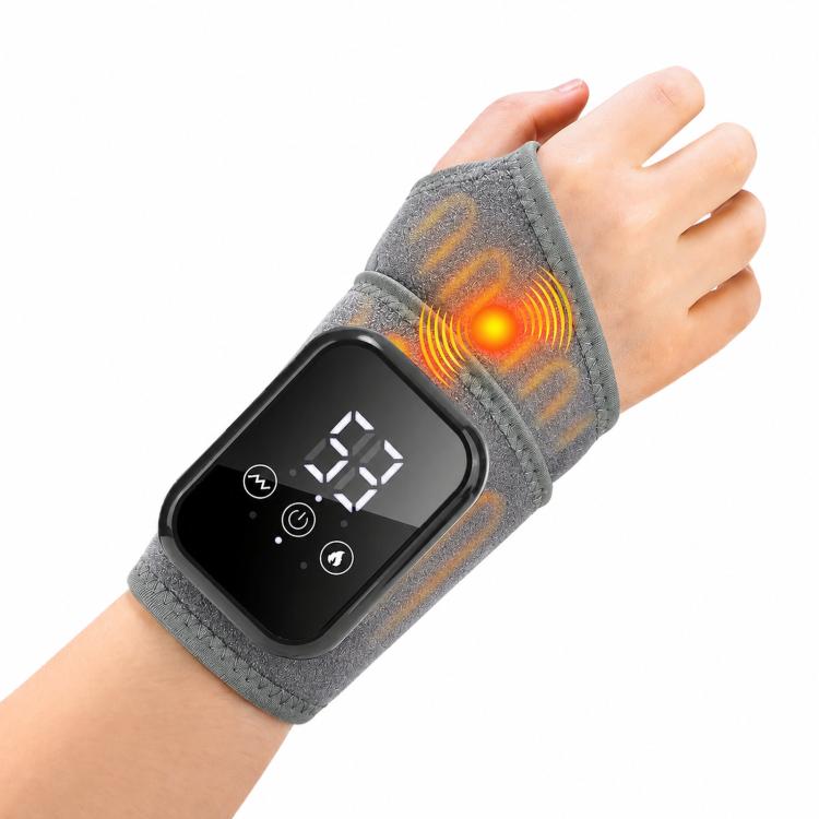 Gray heated wrist massager with control screen, glowing heat panel and vibration