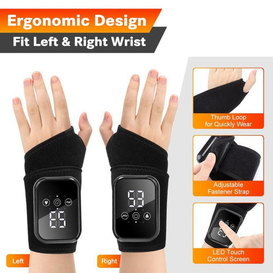 Black heated wrist massager showing left and right wear orientation with control screen