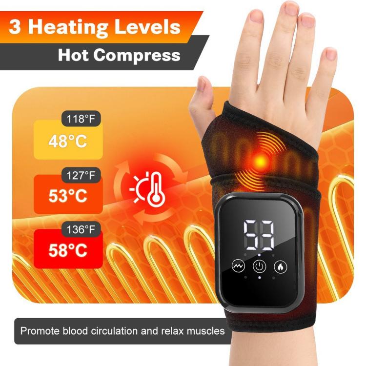 Black heated wrist massager with illuminated heat panel and three-level control display