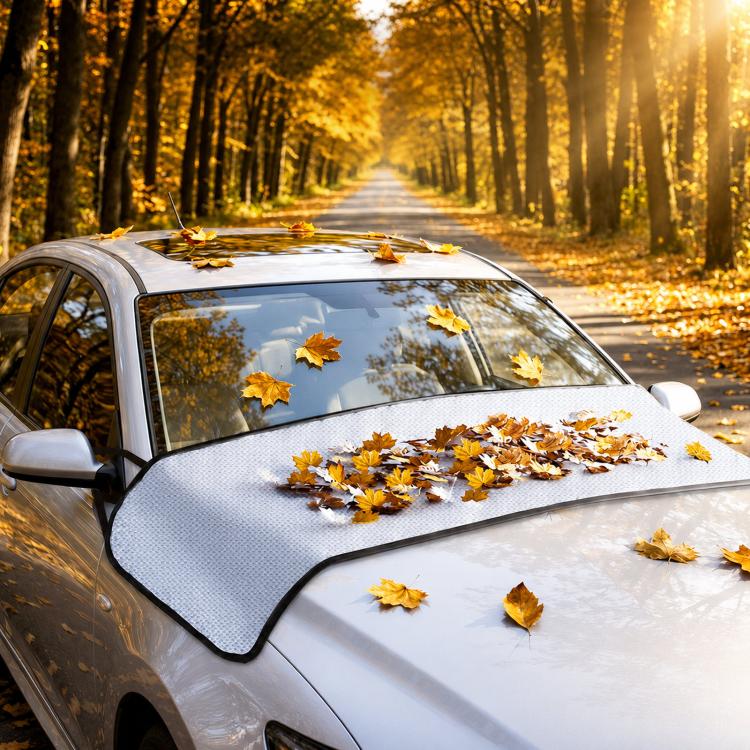 Front windshield rain and leaf cover in light gray with black trim, on a sedan