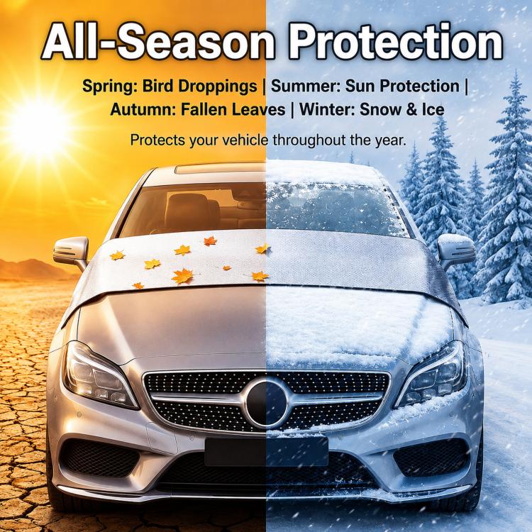 All-season front windshield cover on a car, with snow-like cover texture