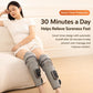 Gray leg air compression massager worn on calves and knees on a couch