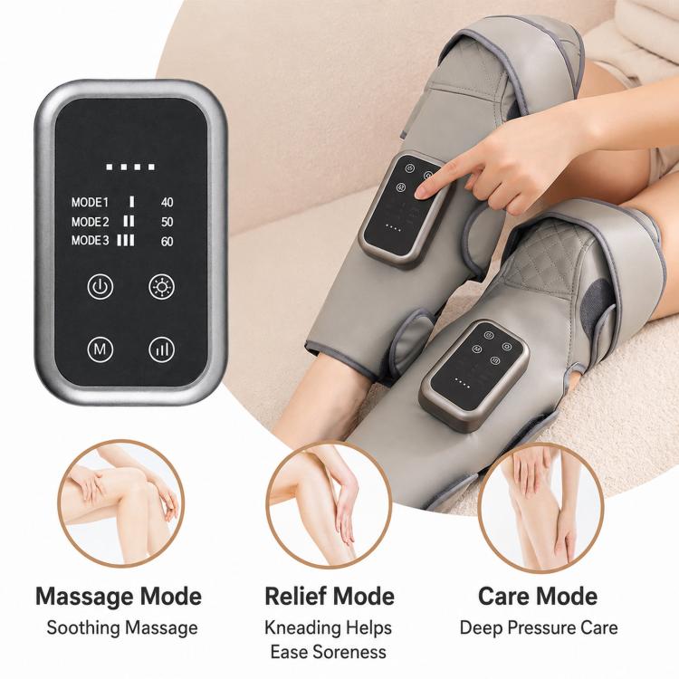 Gray air compression leg massager with remote control and three modes on display