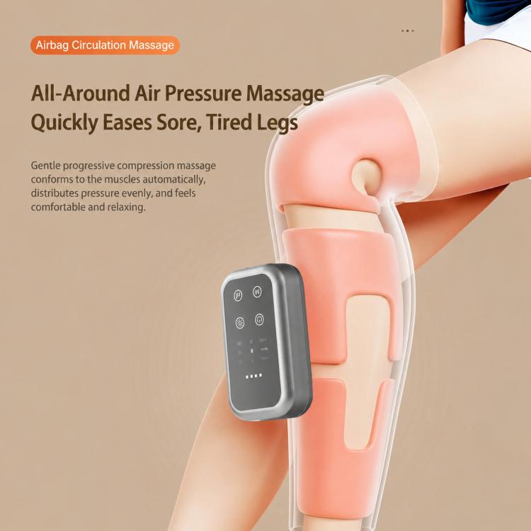 Gray air pressure leg massager with visible heat pads around the knees and calves
