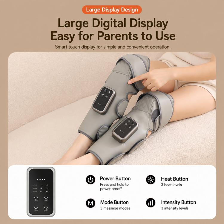 Gray calf air compression massager with large digital display remote, worn on legs