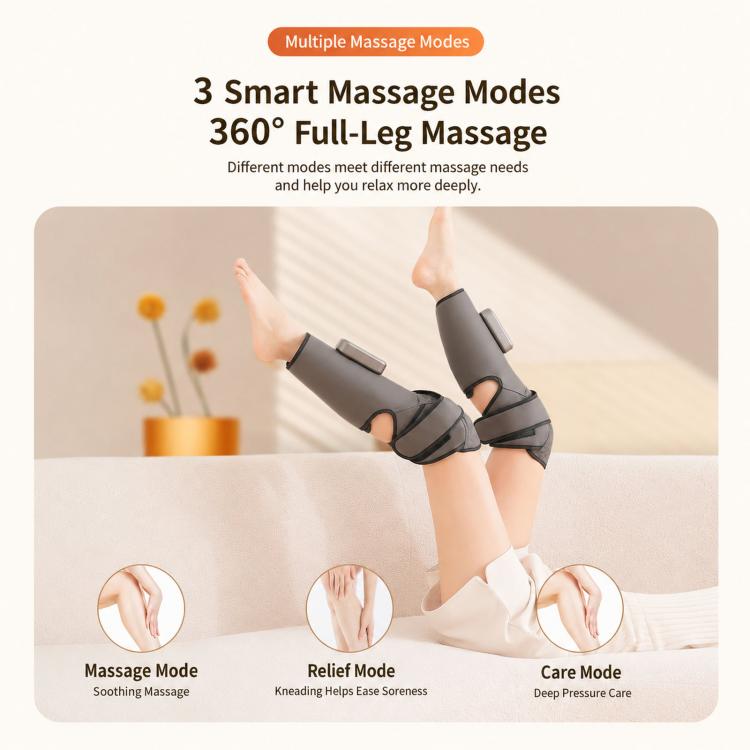 Gray full-leg air compression massager with three attachment areas, worn on legs