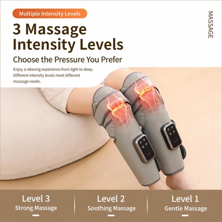 Gray air compression leg massager showing three intensity settings on control remote