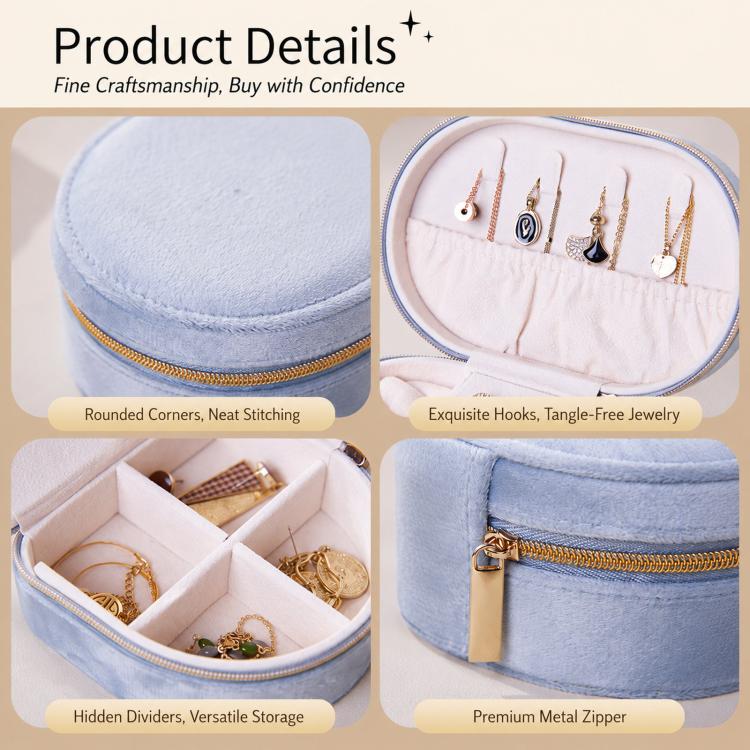Light blue velvet oval jewelry case with zipper, open earring hooks and divider storage