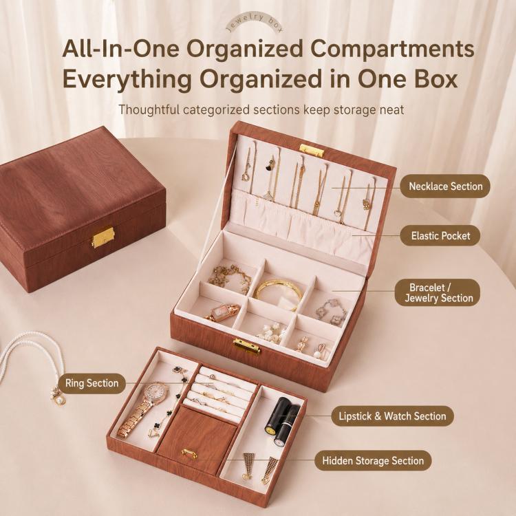 Brown wood-grain jewelry box open with organized sections for rings, bracelets, and earrings