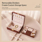 Brown wood-grain jewelry box with removable divider creating customizable storage compartments