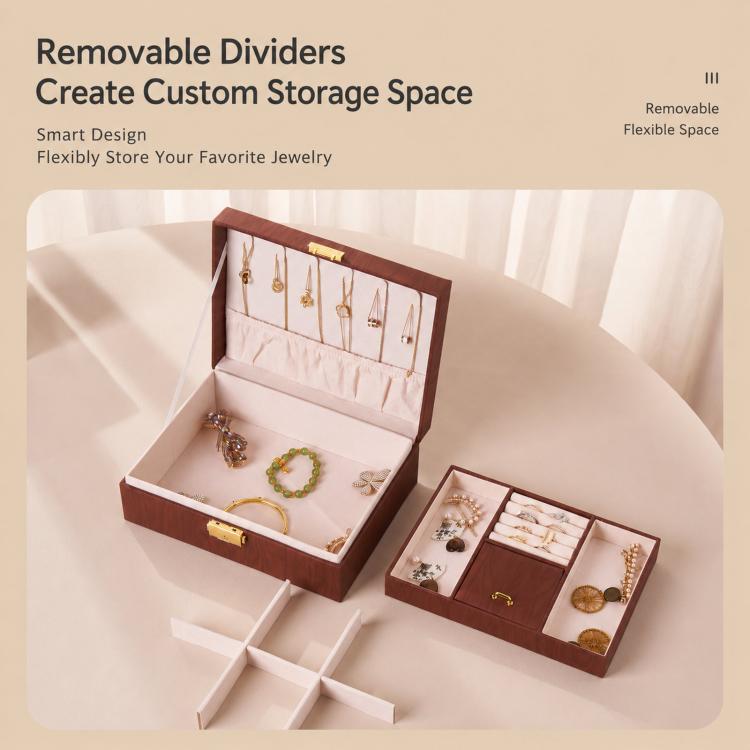 Brown wood-grain jewelry box with removable divider creating customizable storage compartments
