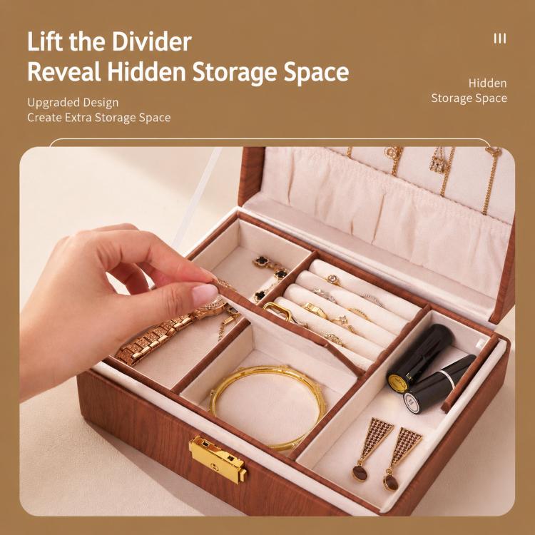 Brown wood-grain jewelry box with lifted divider revealing hidden storage compartment