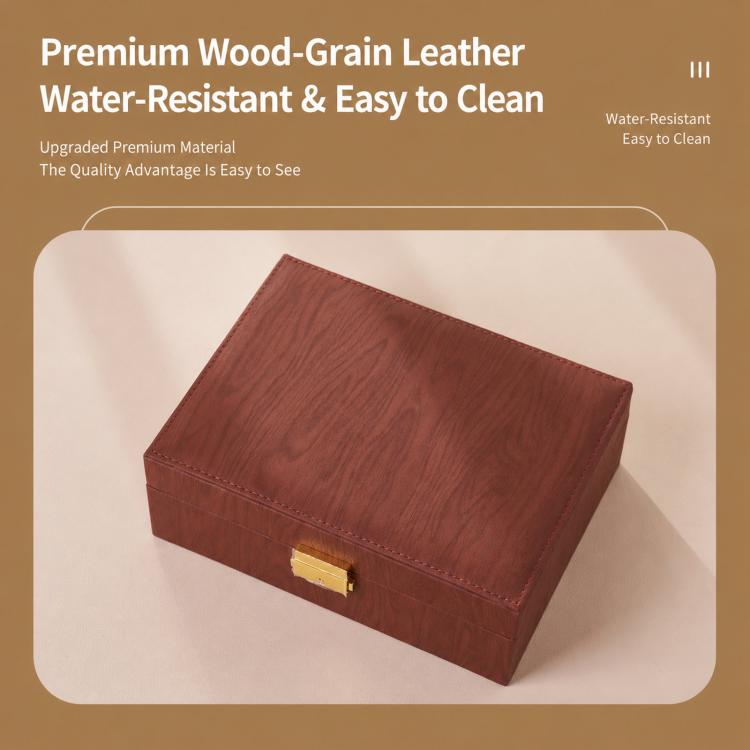 Brown wood-grain jewelry box closed with gold clasp lock on the hinged lid