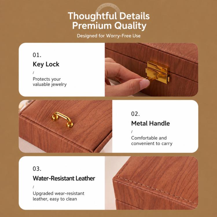 Brown wood-grain jewelry box detail with gold key lock and metal carry handle