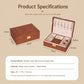 Brown wood-grain jewelry box open showing compartments for rings and necklaces