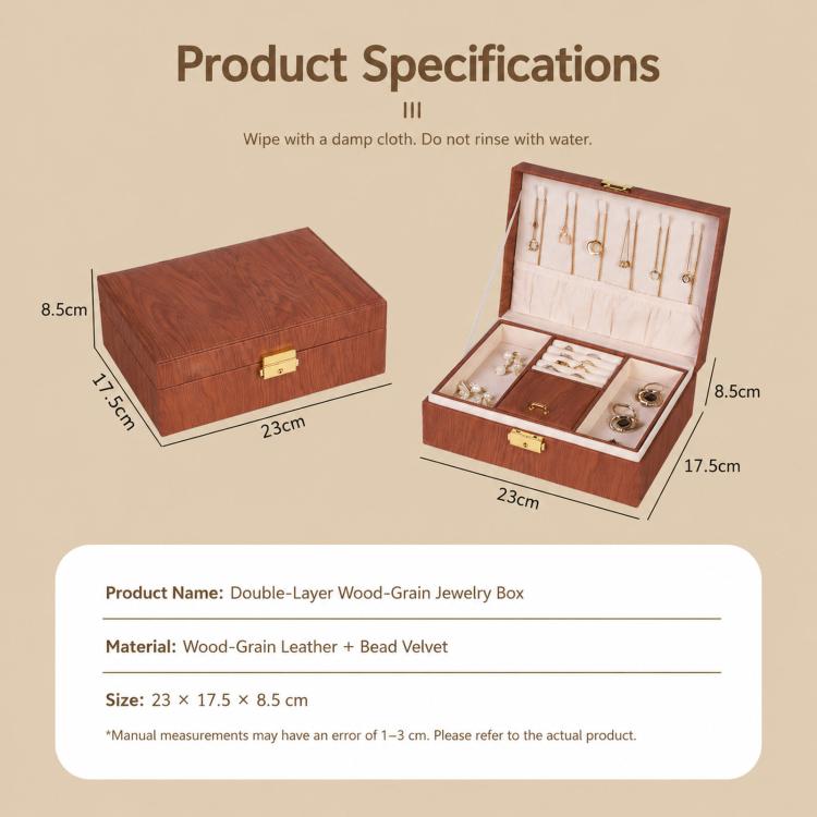 Brown wood-grain jewelry box open showing compartments for rings and necklaces