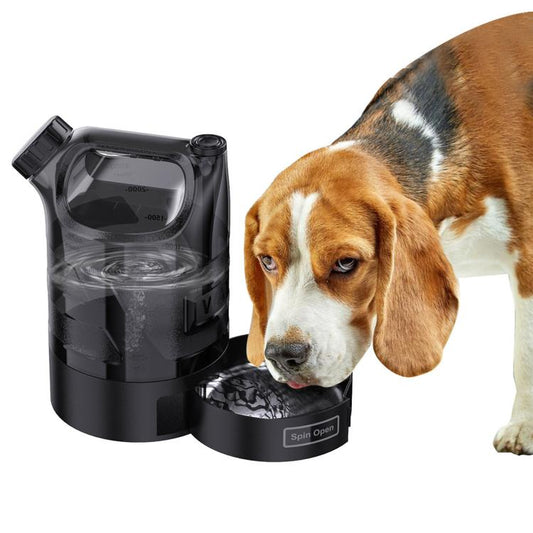 Black outdoor water bottle with flip lid and round Spin Open drinking bowl