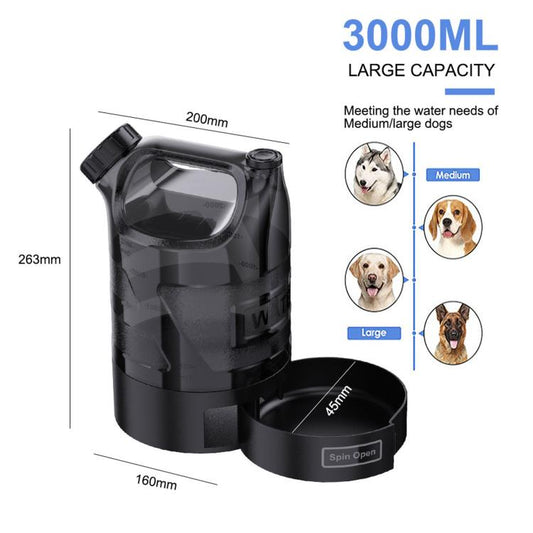 Black large-capacity water bottle with open lid and built-in round bowl base