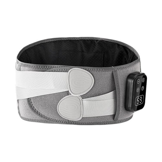Gray heated waist belt massager with dual oval pads and right-side control unit