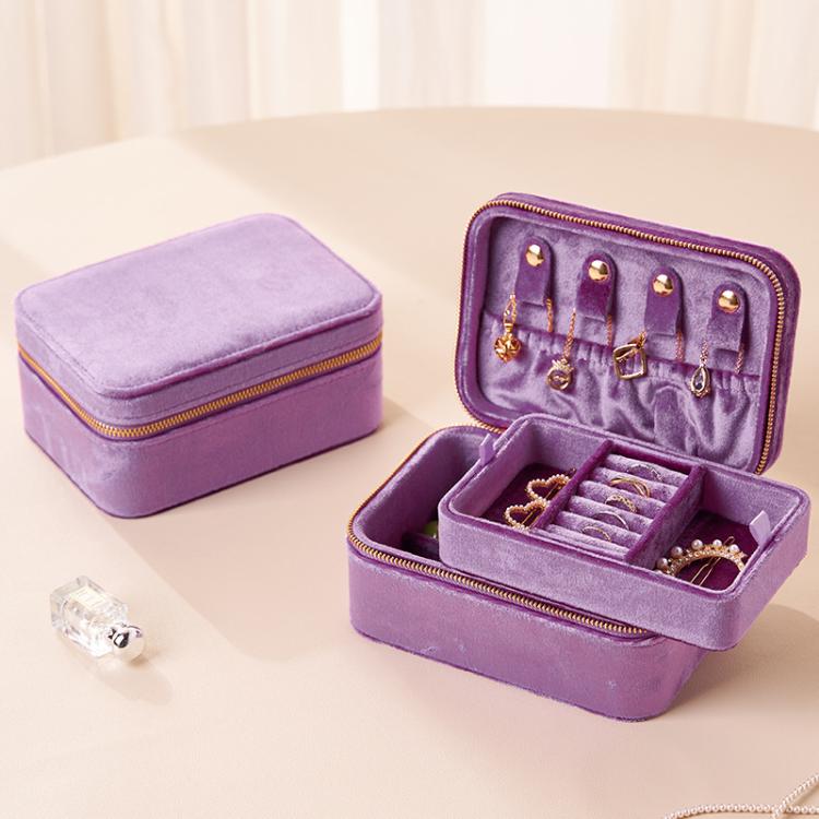 Grape purple velvet travel jewelry box with double zipper, open organizer with ring tray